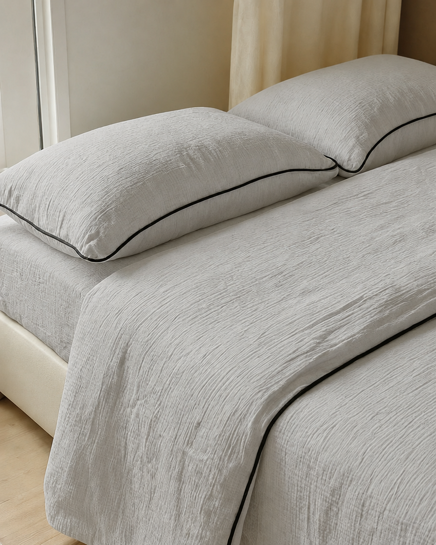 Warm Grey piped cloud cotton duvet and pillows finished with fine black piping on a cream bed frame.