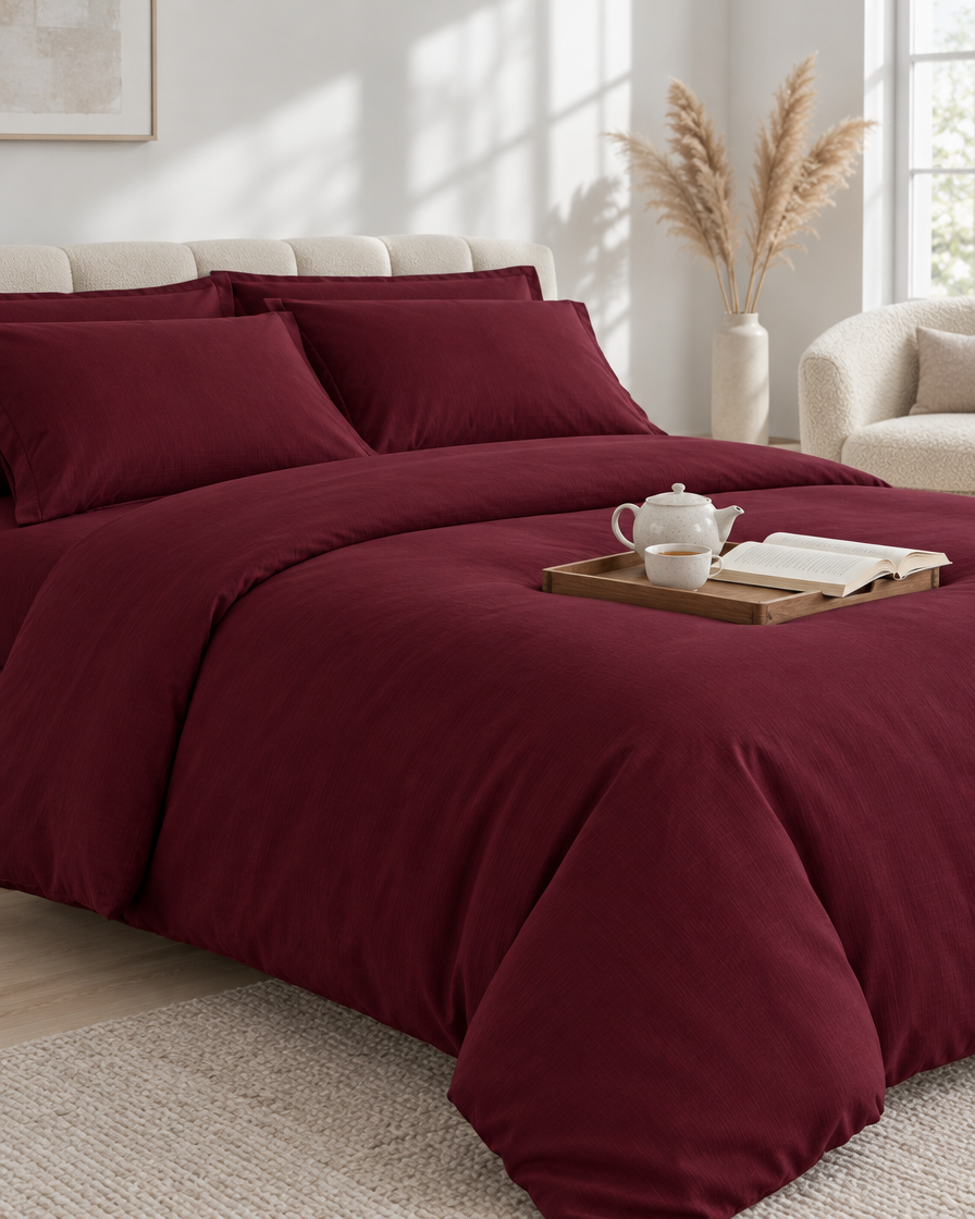 Burgundy Red plain cotton bedding with a tea tray and open book at the foot, a boucle armchair and dried pampas behind.