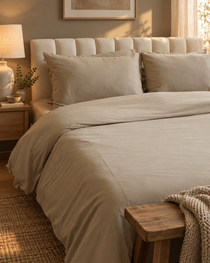 Taupe plain cotton bedding, styled in a cosy contemporary bedroom