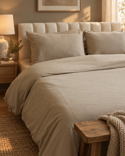 Taupe plain cotton bedding, styled in a cosy contemporary bedroom