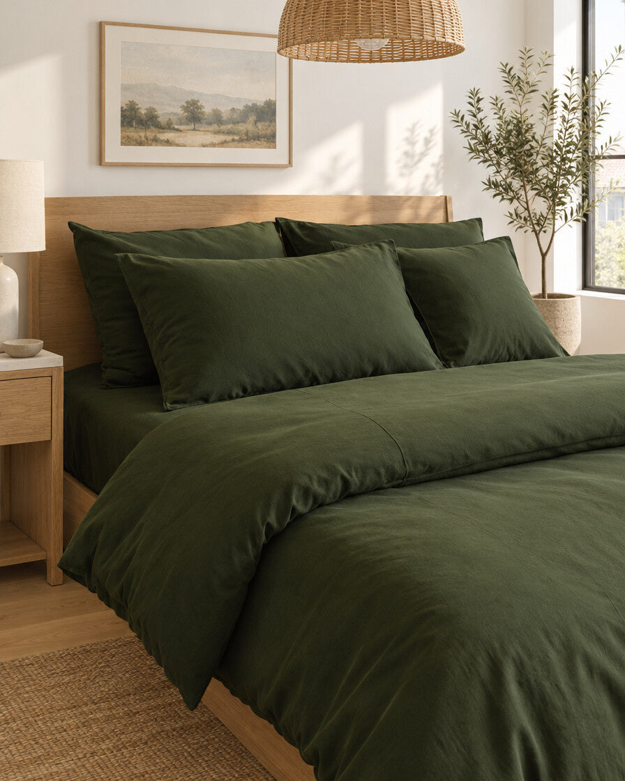 Forest green plain cotton bedding, styled in a bright modern townhouse bedroom