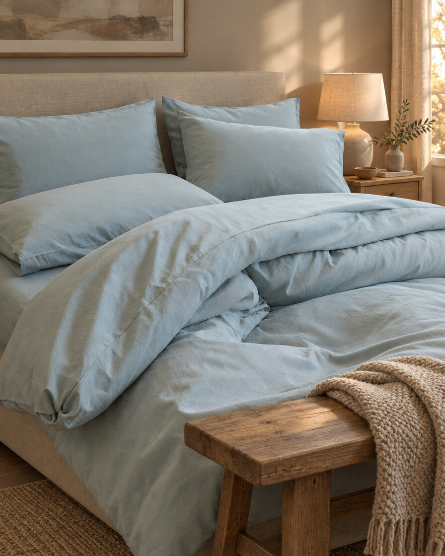 Pale blue plain cotton duvet and pillows, styled in a cosy contemporary bedroom