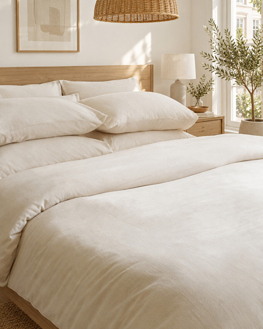 White plain cotton bedding, styled in a bright modern townhouse bedroom