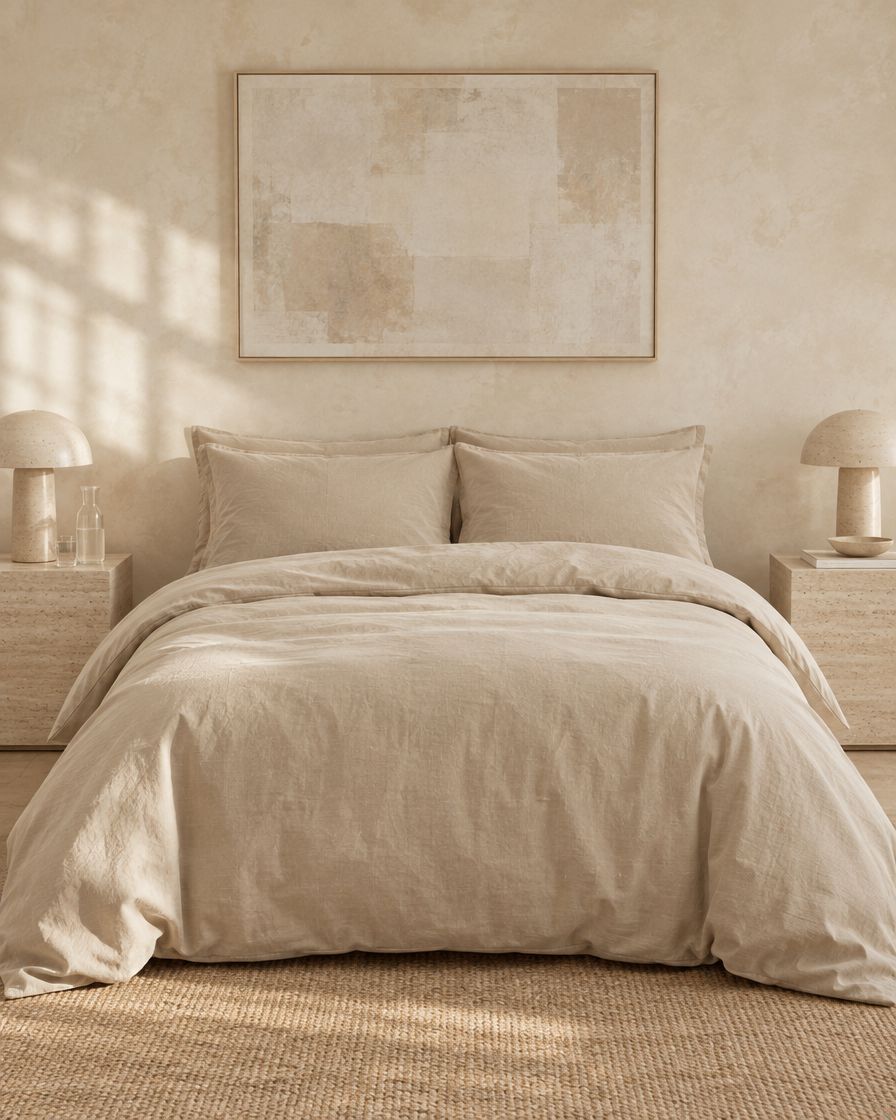 Beige Plain Cotton bedding set on a bed against a limewashed wall between travertine bedside tables and mushroom lamps