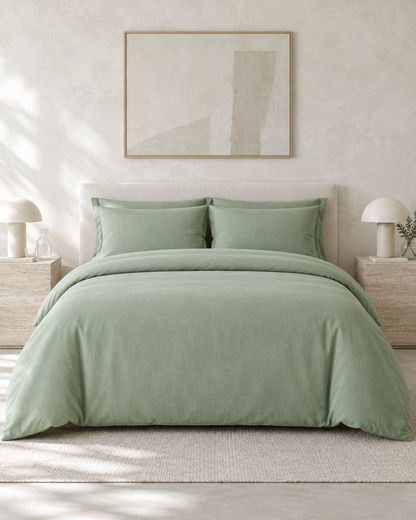 Mint Green plain cotton bedding on a symmetrical bed with travertine bedside tables, mushroom lamps and framed abstract art.