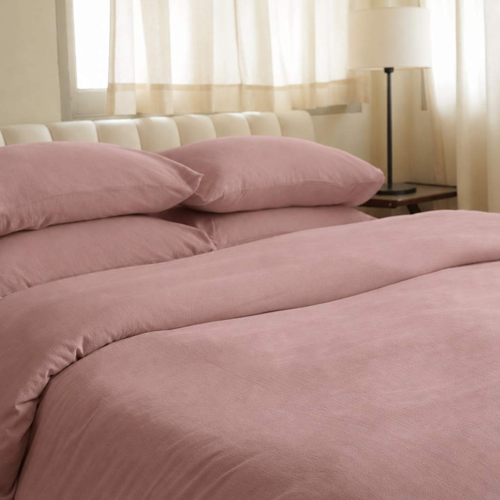 Dust Pink plain cotton duvet and pillows on a bed with a cream tufted headboard and window light.