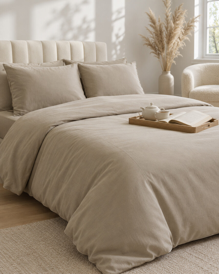 Taupe plain cotton bedding set with a tea tray and open book, a boucle armchair in the corner