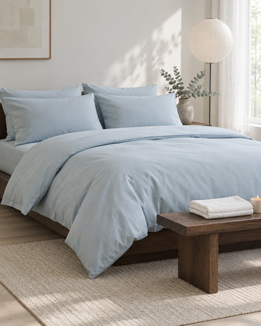 Pale blue plain cotton bedding set in a calm Japandi bedroom on a low dark-oak bed