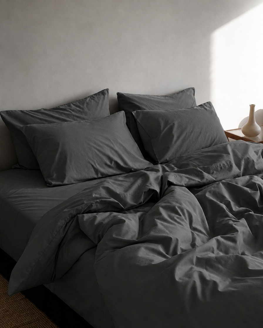 Charcoal Grey silky cotton duvet cover, pillowcases and sheet, softly rumpled on a bed in afternoon window light.