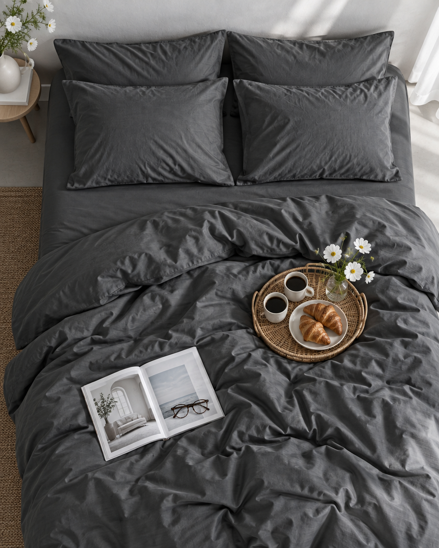 Charcoal Grey silky cotton bedding from above, with a rattan tray of coffee, croissants and white cosmos by a magazine.