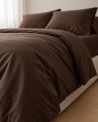 Chocolate Silky Cotton sateen bedding set, side view of the duvet folds