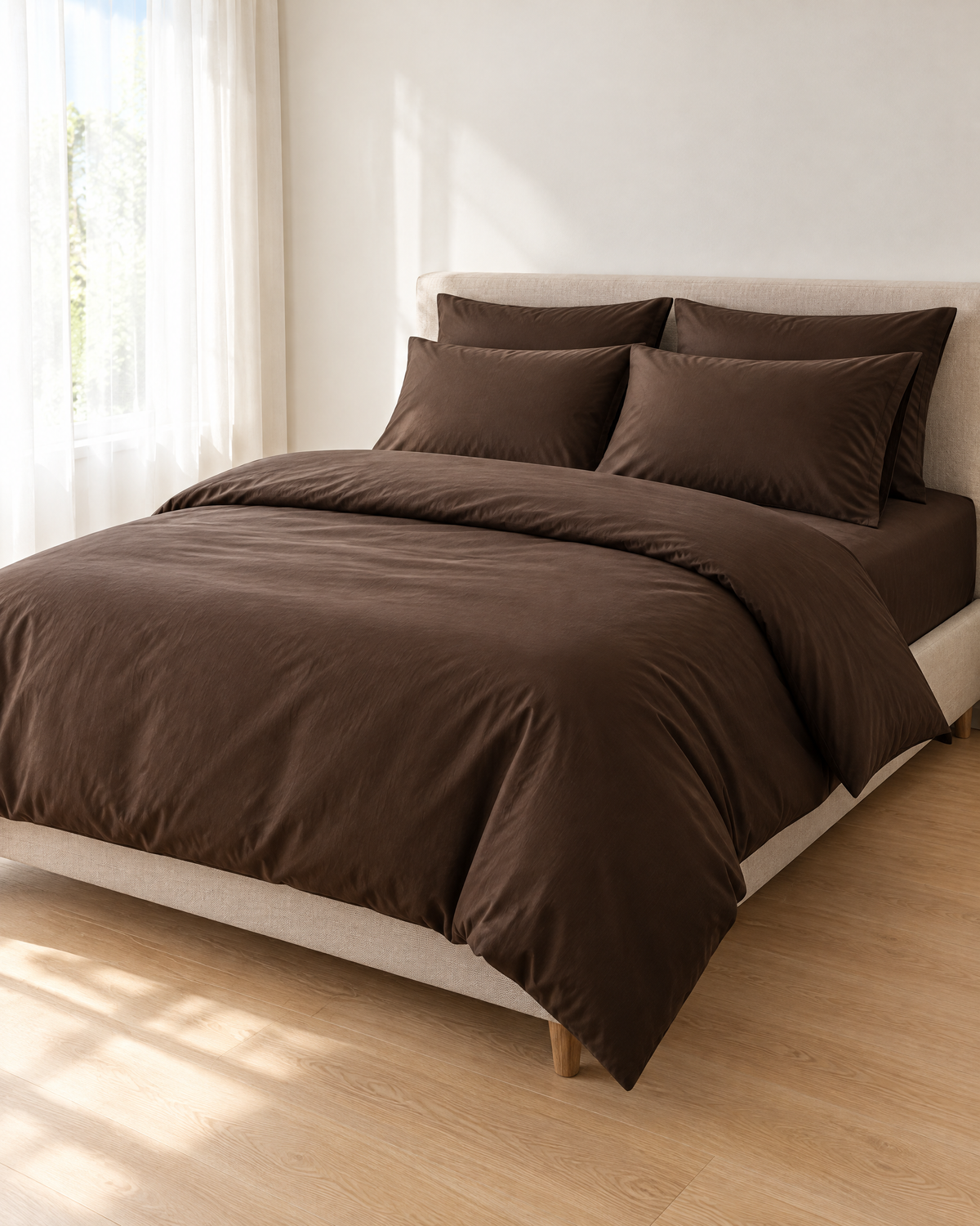 Chocolate silky cotton sateen bedding set on a made bed in a bright bedroom