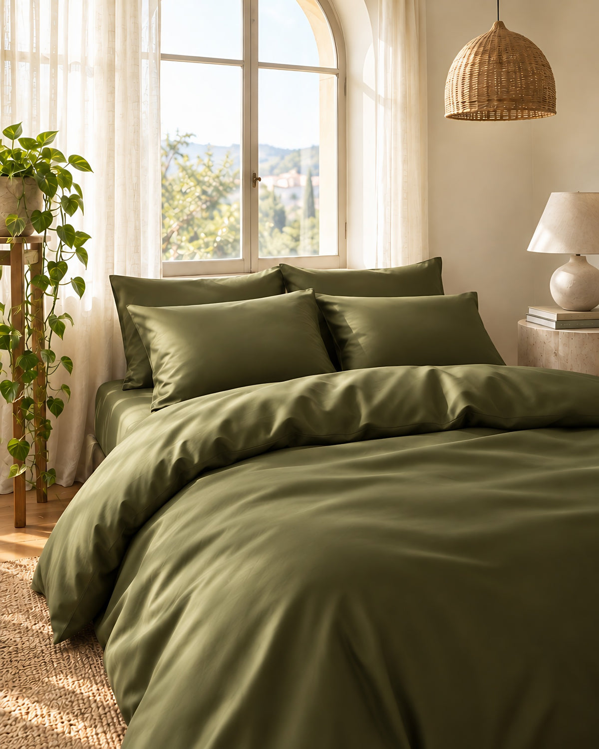 Juniper Green Silky Cotton sateen bedding set on a bed in a sunlit bedroom