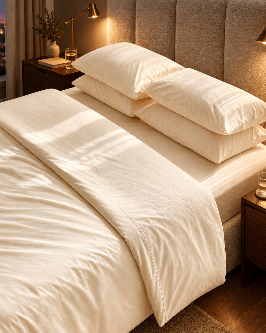 Cream silky cotton duvet and pillows, styled in a boutique-hotel suite