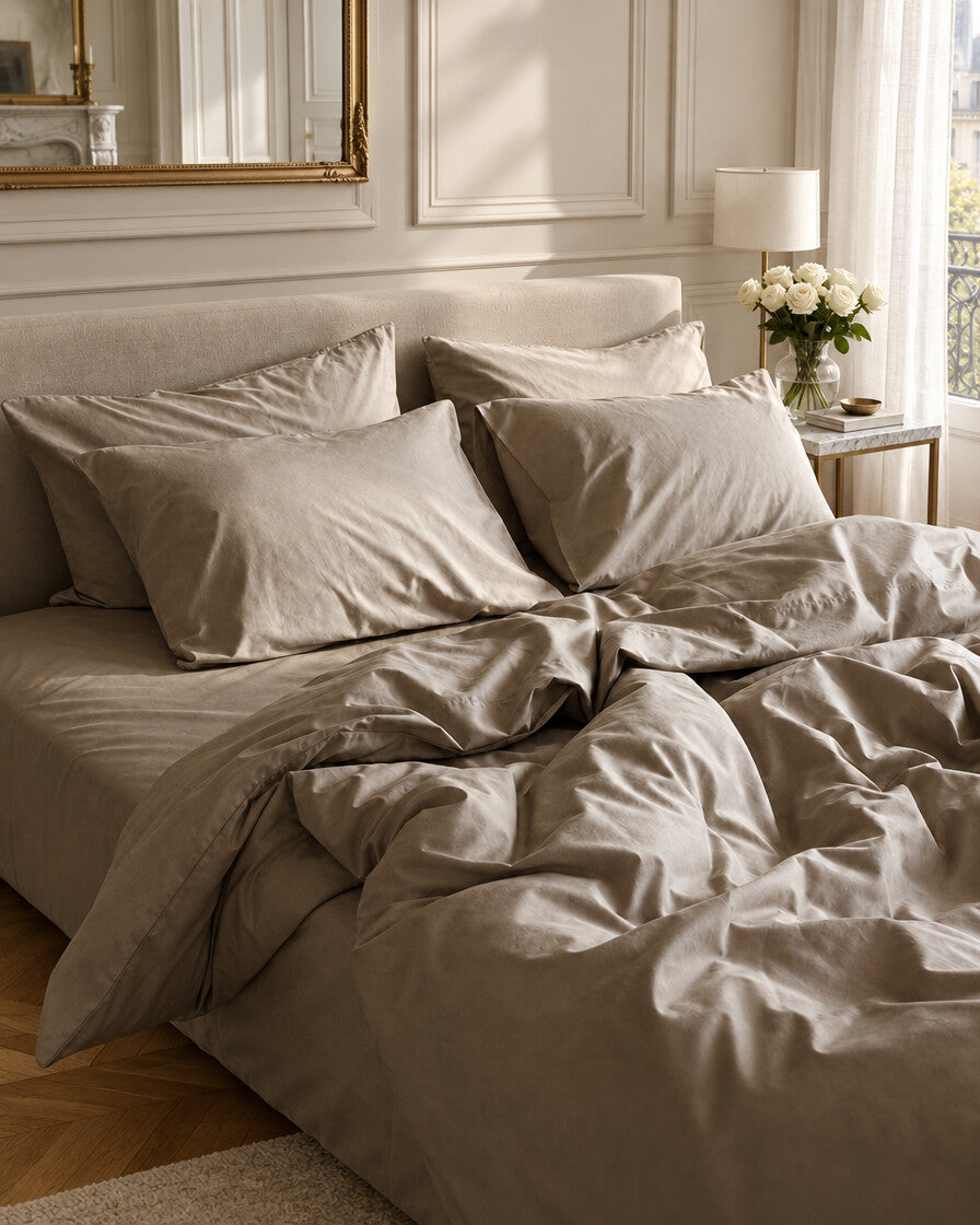 Taupe silky cotton bedding, styled in an elegant Parisian apartment bedroom