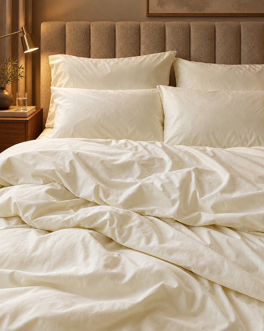 Ivory silky cotton bedding, styled in a boutique-hotel suite
