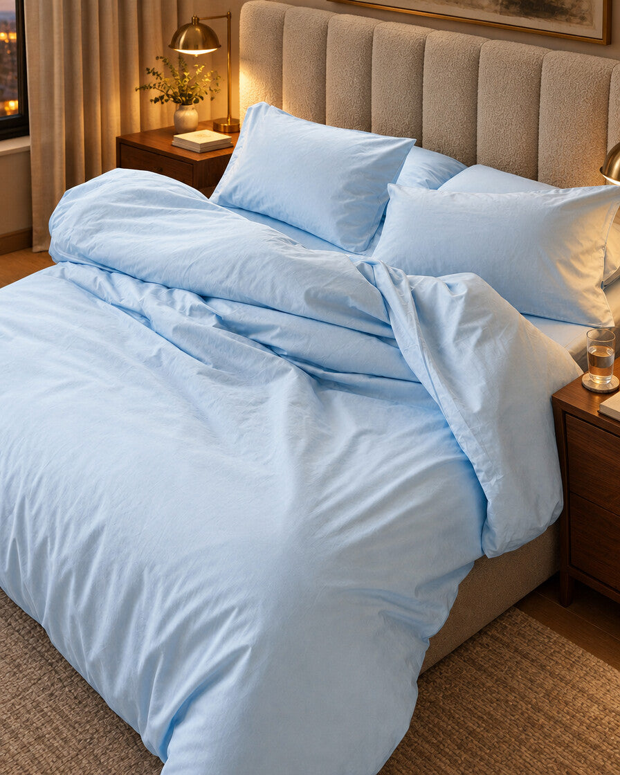 Pale blue silky cotton bedding, styled in a boutique-hotel suite
