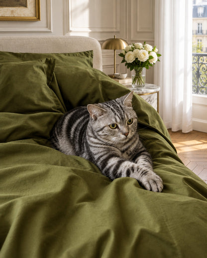 Tabby cat sitting on olive green silky cotton bedding, styled in an elegant Parisian apartment bedroom