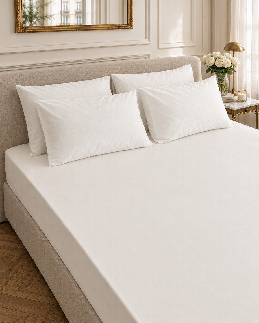White silky cotton fitted sheet and pillows, styled in an elegant Parisian apartment bedroom