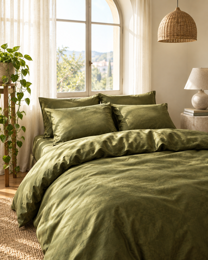 Juniper Green Silky Cotton bedding set on a bed beneath an arched window with sheer curtains and a trailing pothos