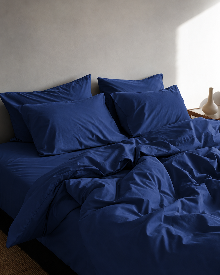 Marine Blue silky cotton bedding with a rumpled duvet and stacked pillows beside a ceramic bud vase.