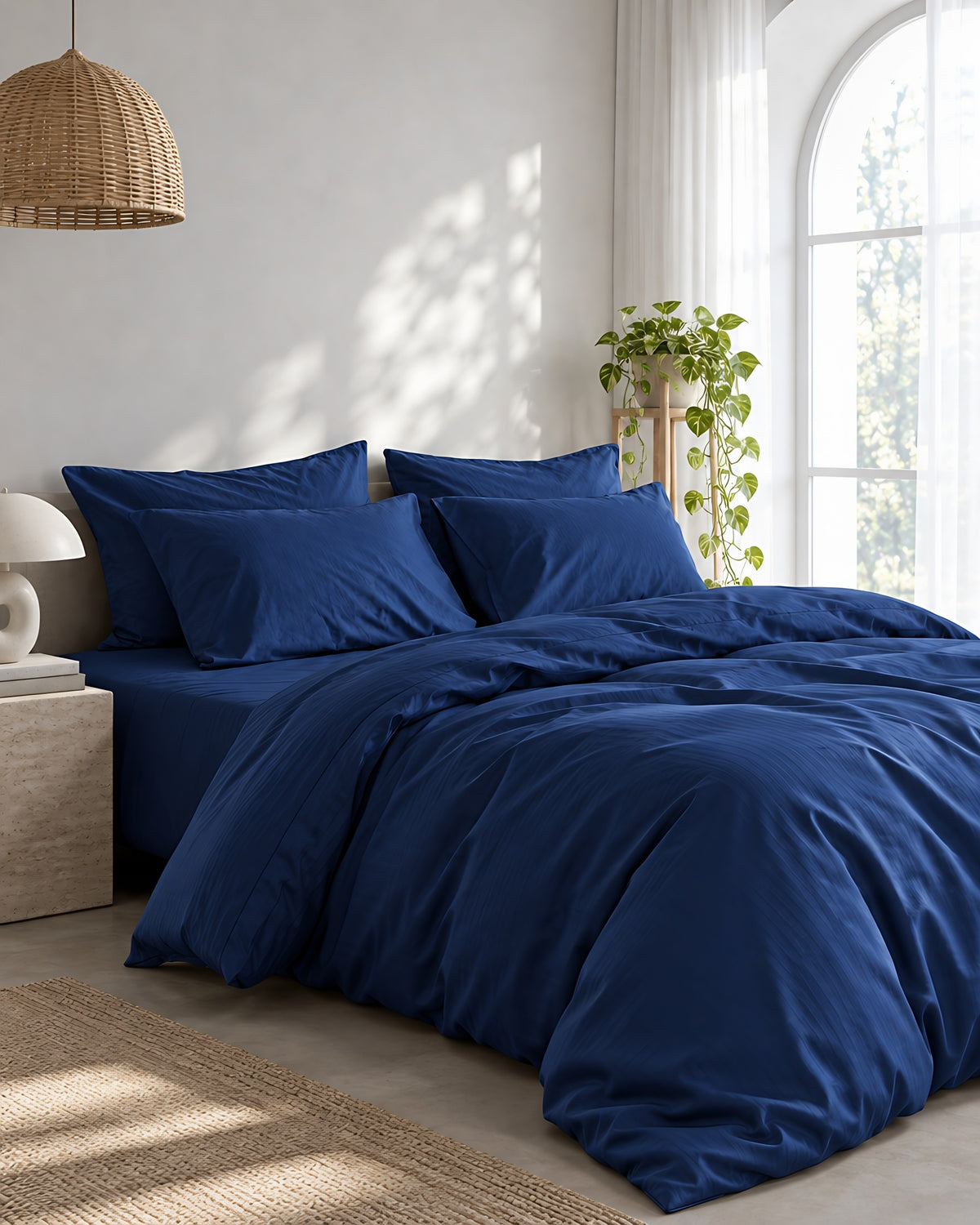 Marine Blue silky cotton bedding below an arched window, with a trailing pothos, rattan pendant and stone side table