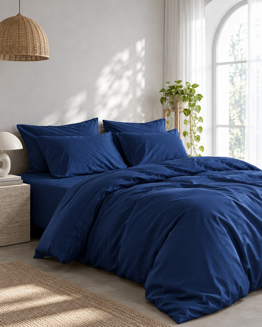 Marine Blue silky cotton bedding below an arched window, with a trailing pothos, rattan pendant and stone side table.
