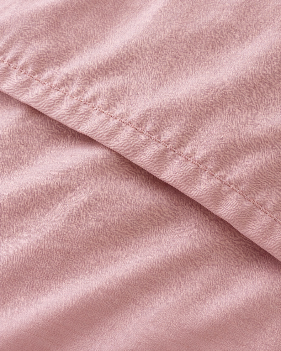 Close-up of stitched hem of the duvet cover in Rose Pink Silky Cotton