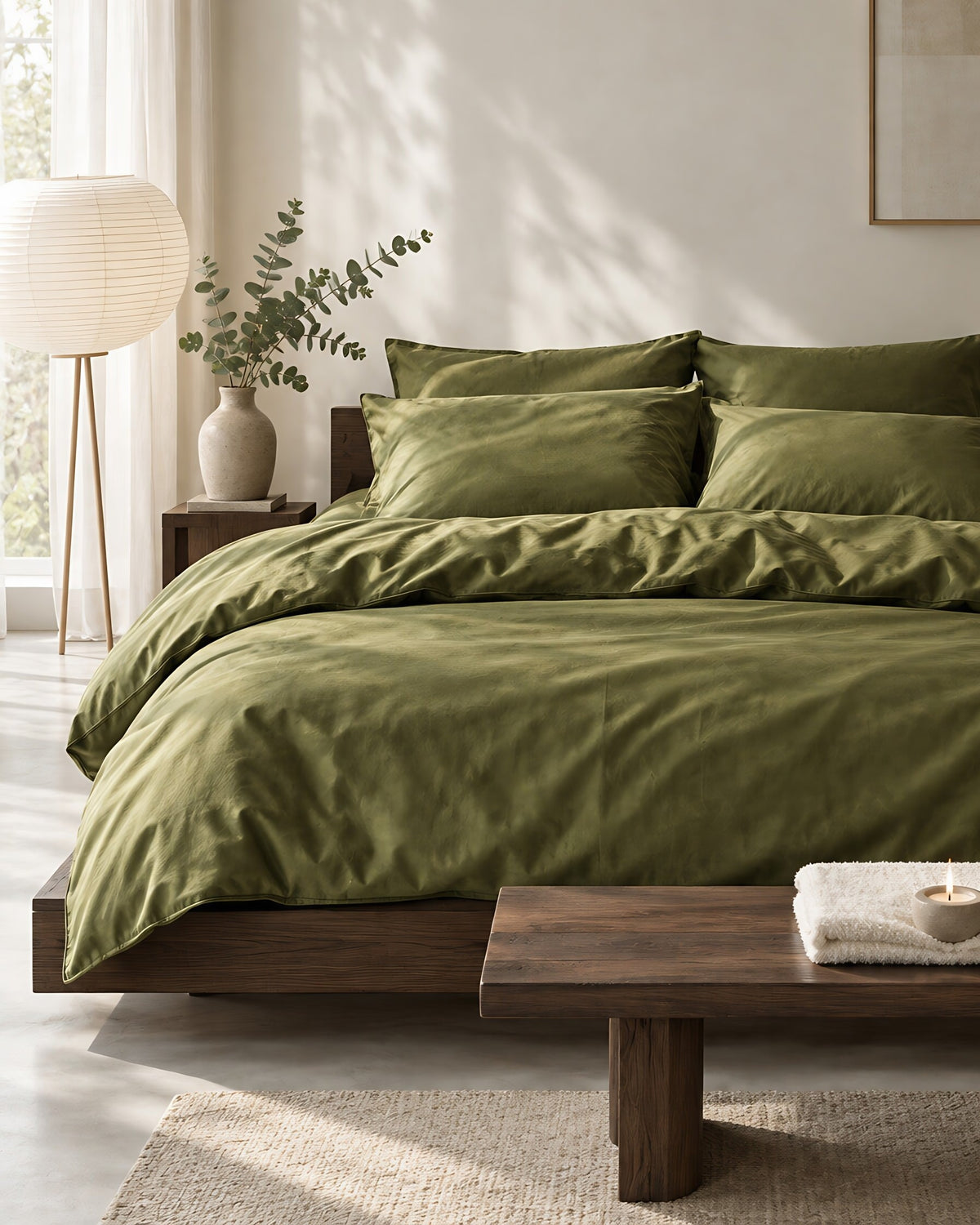 Juniper Green silky cotton bedding set in a calm Japandi bedroom on a low dark-oak bed