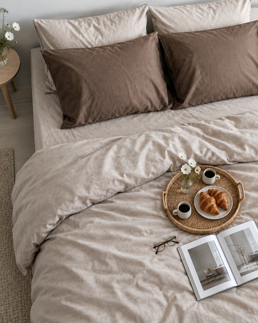 Taupe and brown silky cotton bedding set seen from above with a breakfast tray of coffee and croissants