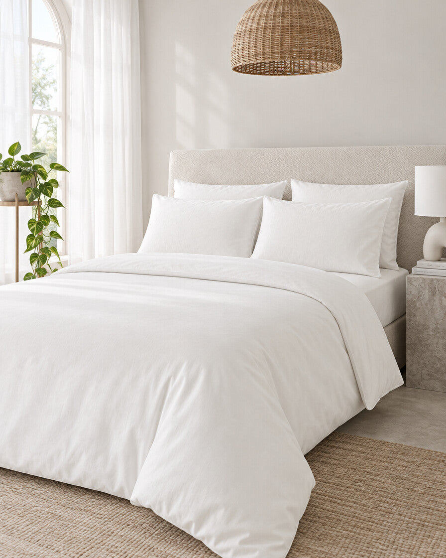 White silky cotton bedding set beneath an arched window with a trailing pothos and rattan pendant