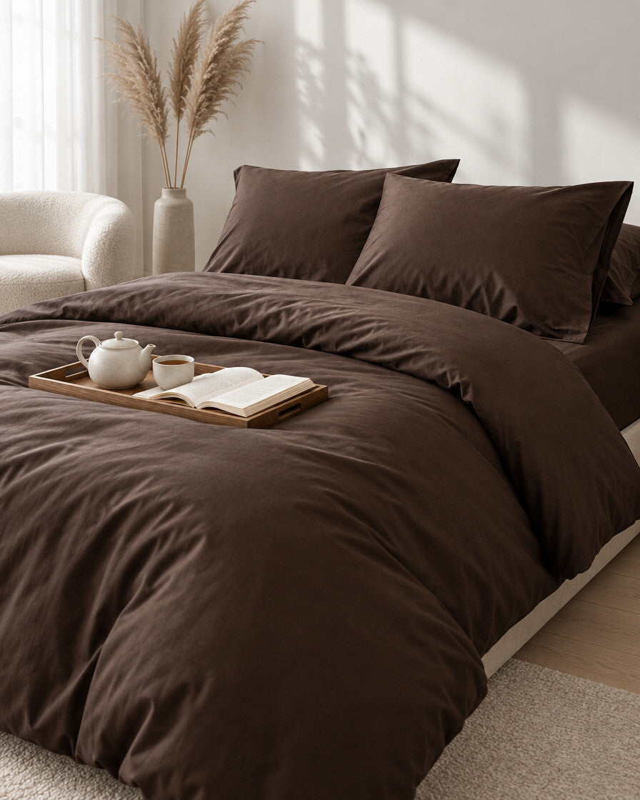 Chocolate brown silky cotton bedding set with a tea tray and open book, a boucle armchair in the corner