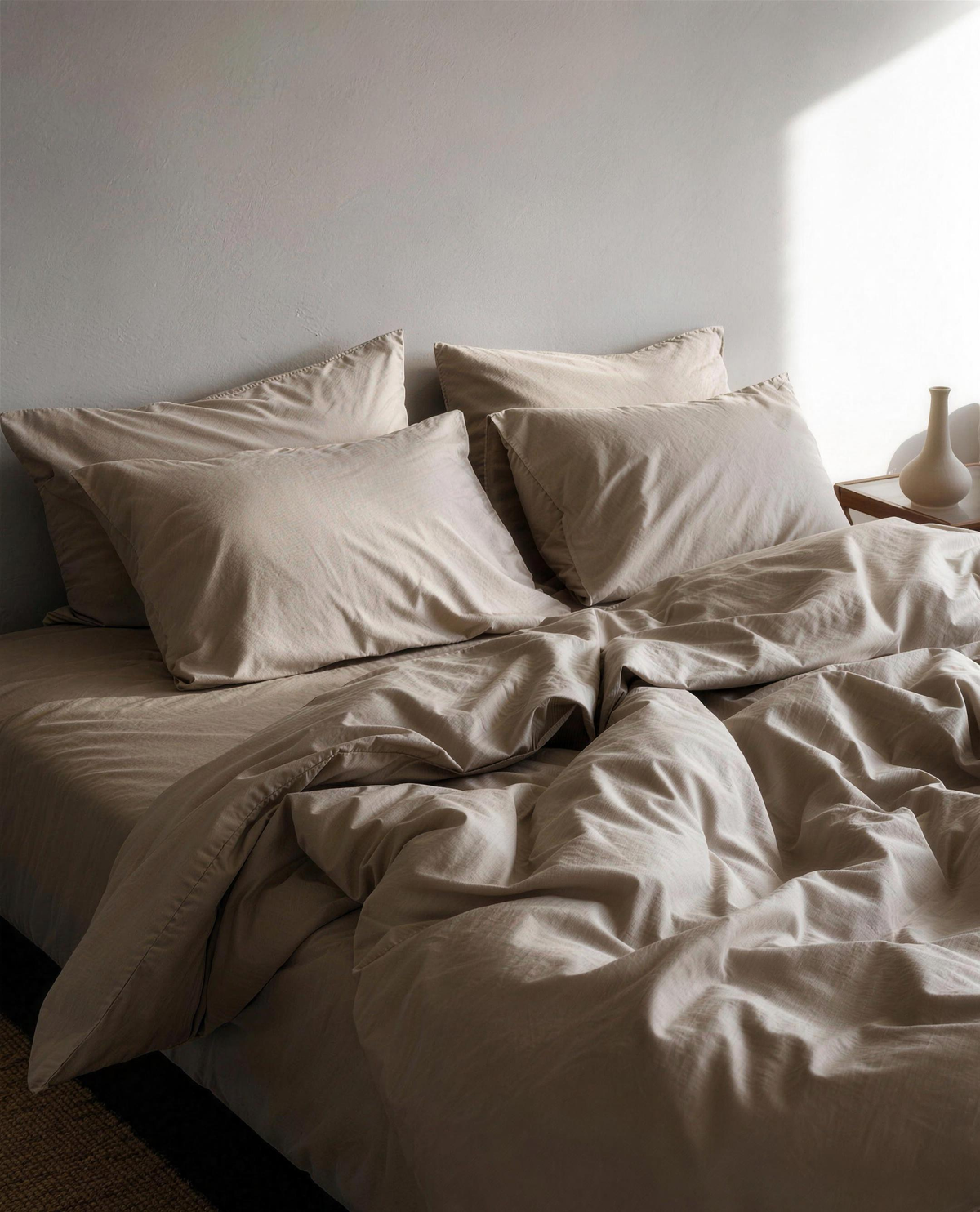 Dove Grey silky cotton sateen bedding set on a bed