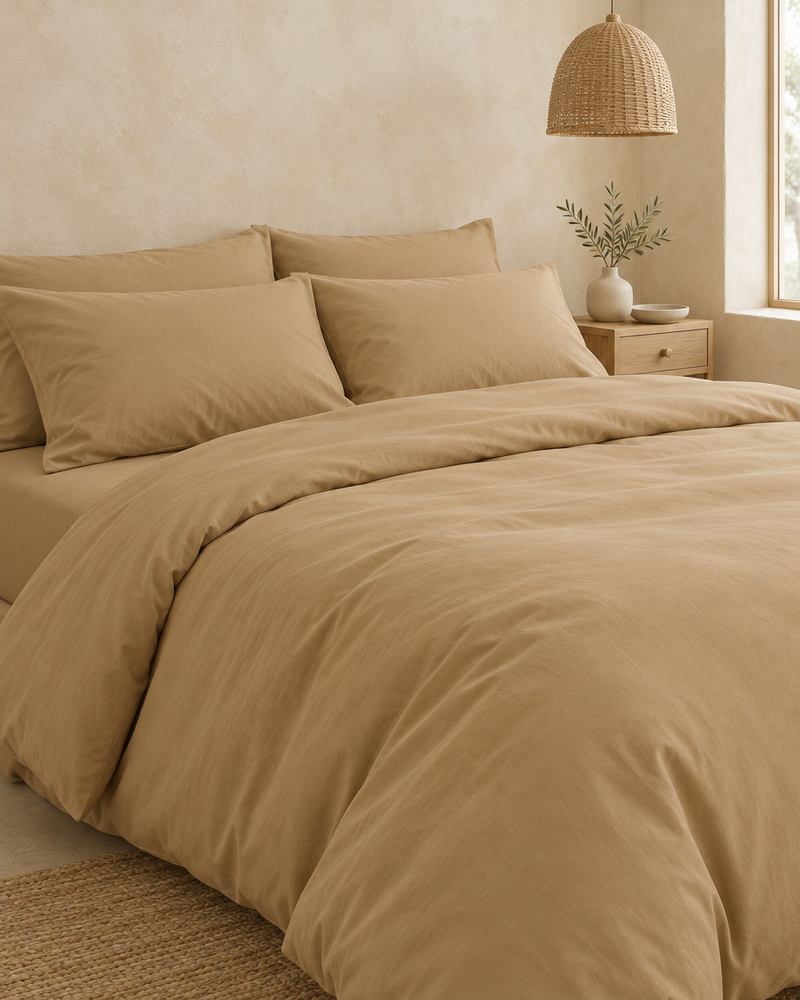 Sand Plain Cotton bedding on a made double bed in a calm room