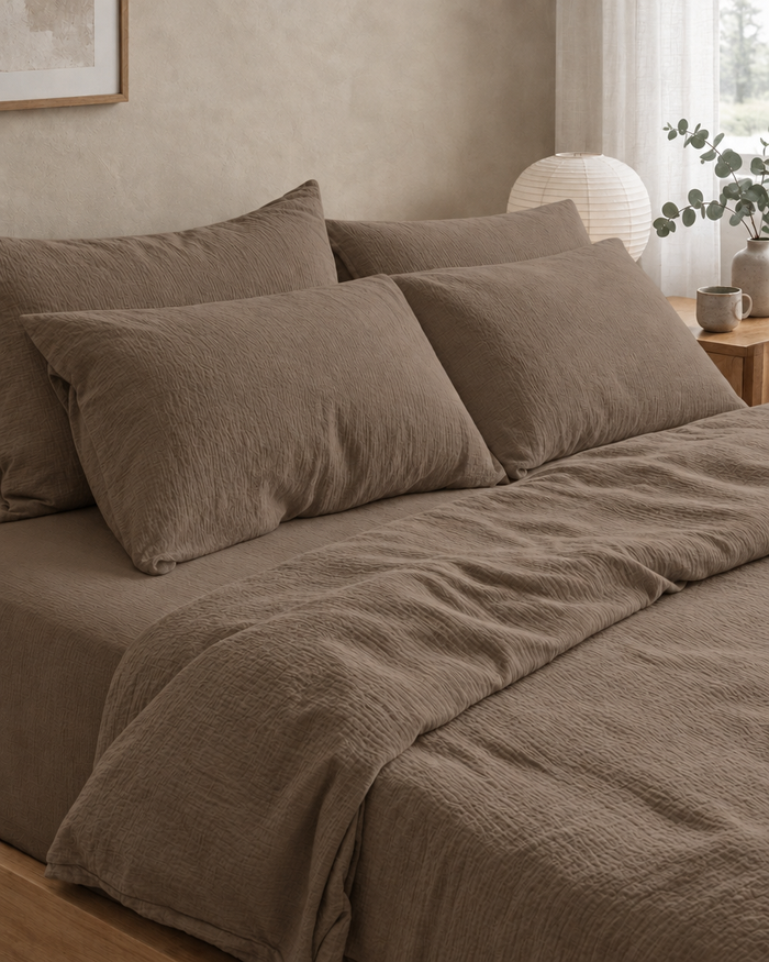 Beige Brown Cloud Cotton duvet cover, fitted sheet and pillowcases on a made double bed
