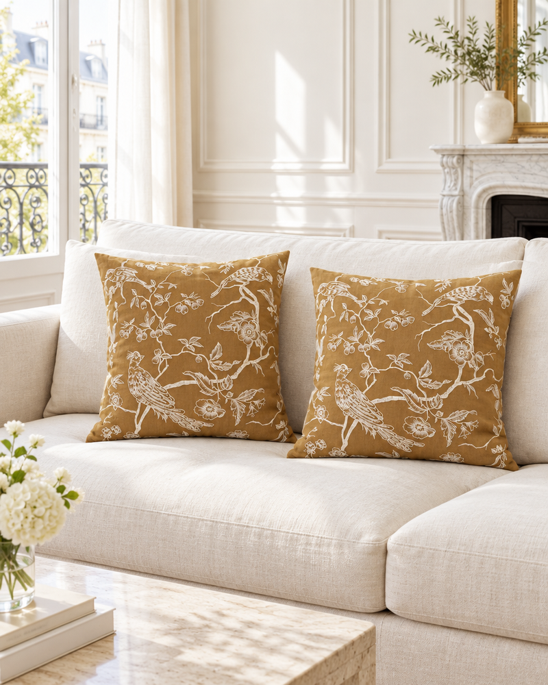 Mustard cushions with ivory bird and blossom embroidery on a cream sofa in a bright panelled Parisian room