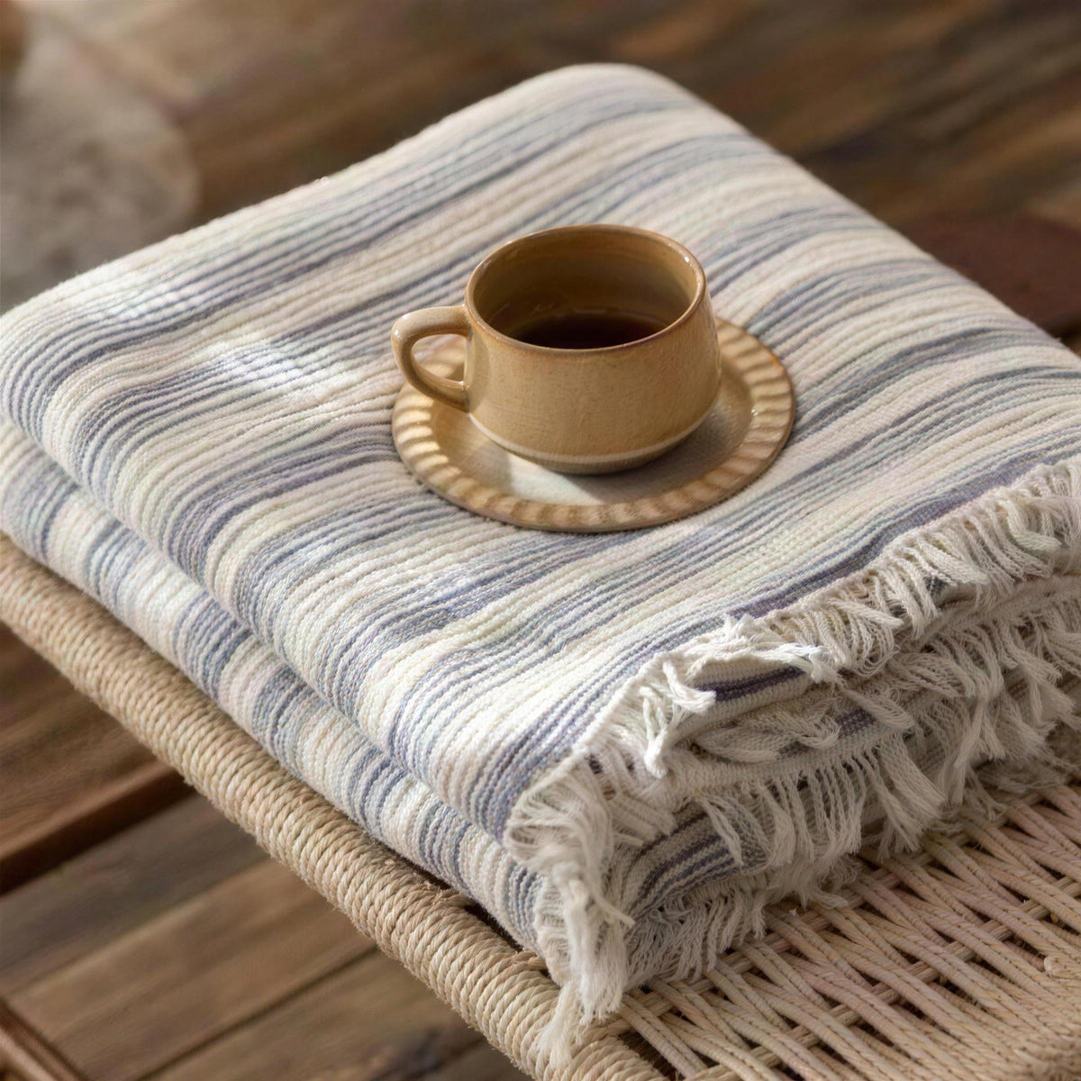 Striped Woven Cotton Throw Blanket in Mist Blue Stripe
