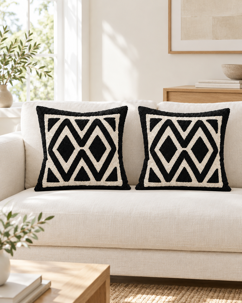 Ivory loop-pile cushions with a black chevron diamond pattern and black border on a cream linen sofa