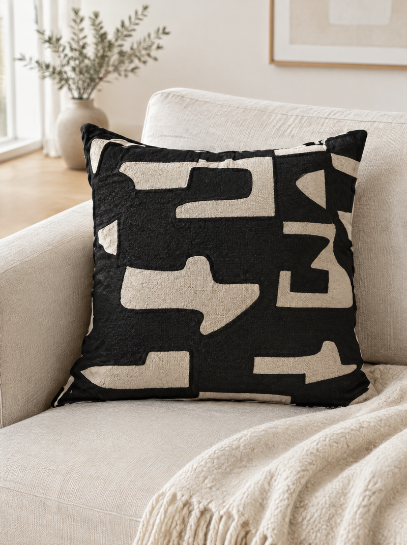 Black & Sand Abstract Jacquard Cushion Covers, styled at home