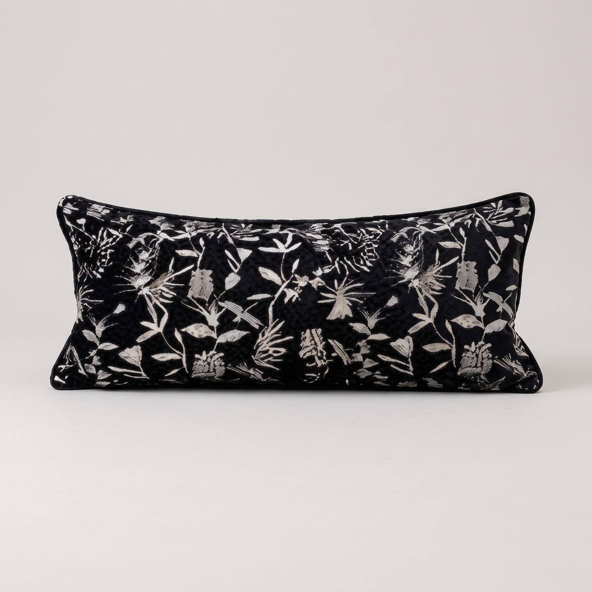 Black and ivory botanical jacquard cushion cover, single lumbar cushion