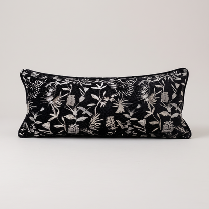 Black and ivory botanical jacquard cushion cover, single lumbar cushion