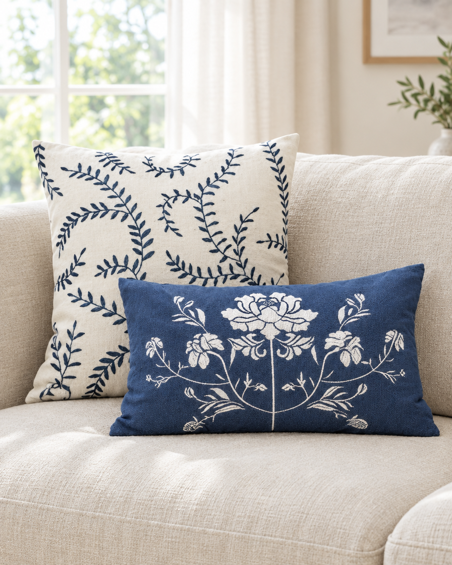 Ivory blue vine embroidered square cushion with a navy peony lumbar cushion on an oatmeal linen sofa