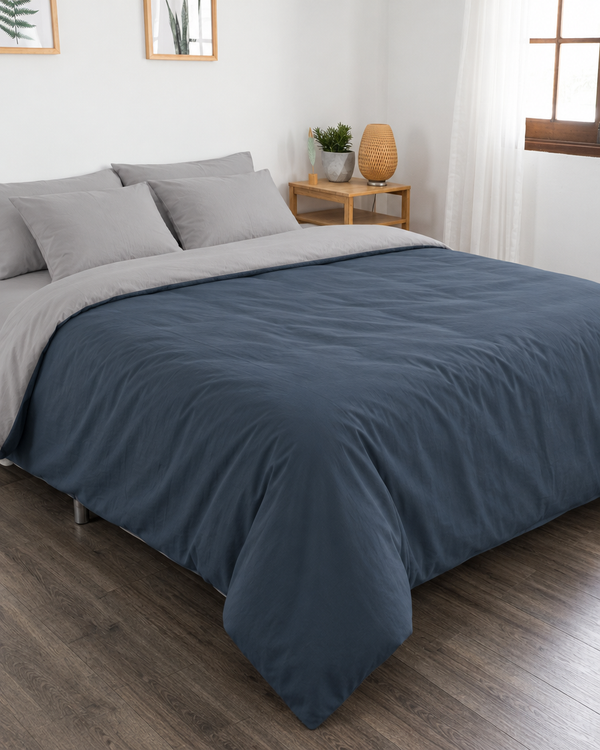 Blue Jeans duvet cover with light grey reverse, light grey fitted sheet and light grey pillowcases in Plain Cotton