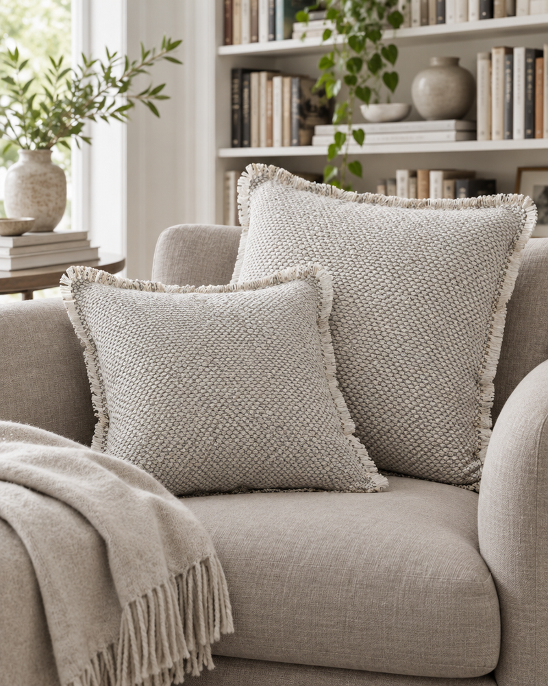 Blush grey fringed woven cushions on a linen armchair in a cosy reading nook with a folded throw