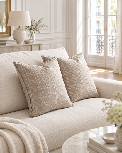 Blush taupe lattice jacquard cushions on a cream sofa in a panelled Parisian salon