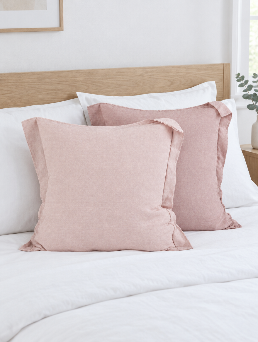 Two blush pink two-tone cushions propped on white cotton bedding below an oak headboard