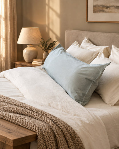 Pale blue and white plain cotton pillows, styled in a cosy contemporary bedroom