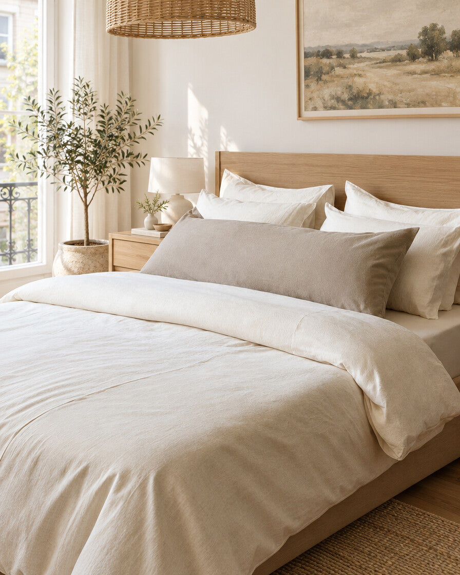 Taupe plain cotton pillows, styled in a bright modern townhouse bedroom