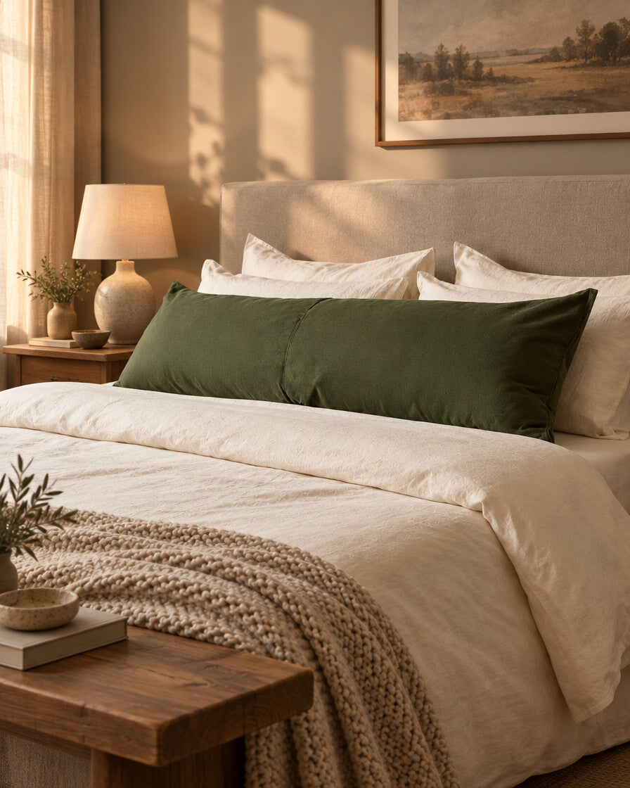 Olive green plain cotton bolster pillow, styled in a cosy contemporary bedroom