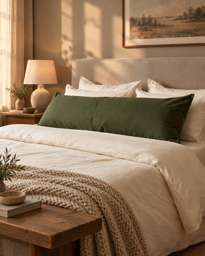 Olive green plain cotton bolster pillow, styled in a cosy contemporary bedroom